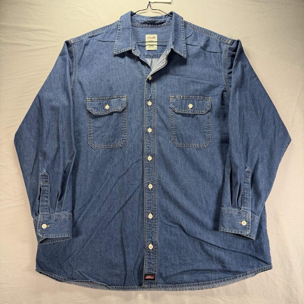 Dickies Denim Shirt Mens 2XL Blue Long Sleeve Button Up Work Wear Western Dad